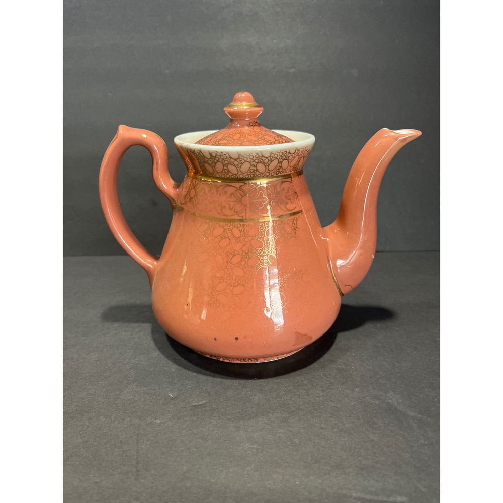 Vintage Hall China Teapot Coral Pink Salmon Gold Filigree Floral Pattern Lid
